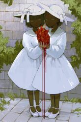 Rule 34 | 2girls, blood, blunt bangs, bow, brick wall, brown hair, collared dress, commentary request, dark-skinned female, dark skin, dress, expressionless, green eyes, hat, hat bow, heart (organ), highres, holding, holding heart (organ), long sleeves, looking at viewer, mary janes, multiple girls, original, outdoors, overgrown, parted lips, sharing, shida 7, shoes, short dress, short hair, sun hat, white bow, white dress, white footwear, white hat, white sleeves