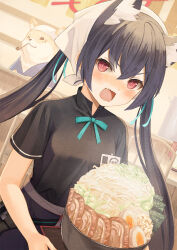 Rule 34 | 1boy, 1girl, animal ear fluff, animal ears, black hair, black shirt, blue archive, blush, cat ears, chair, egg (food), extra ears, fang, food, hair between eyes, halo, highres, indoors, long hair, looking at viewer, master shiba (blue archive), noodles, nori (seaweed), open mouth, original-orange-610917, pink halo, pipe in mouth, ramen, red eyes, serika (blue archive), shirt, smoking pipe, twintails
