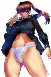 Rule 34 | 1girl, absurdres, alternate costume, bare legs, breasts, clothes lift, curvy, dead or alive, highleg, highleg panties, highres, judge (oekaki), kasumi (doa), large breasts, looking at viewer, official alternate costume, panties, partially visible vulva, ponytail, skirt, skirt lift, solo, thong, underwear, wide hips