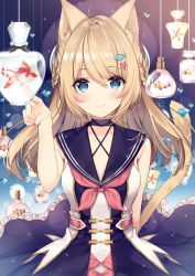 Rule 34 | 1girl, ahoge, animal ears, animal hair ornament, arm behind back, bare shoulders, black neckerchief, blonde hair, blue eyes, blue sailor collar, blush, braid, breasts, cat ears, cat girl, cat tail, choker, closed mouth, clownfish, collarbone, dress, fish, fish hair ornament, frilled skirt, frills, hair between eyes, hair ornament, hand up, long hair, looking at viewer, medium breasts, neckerchief, necomi, original, pink neckerchief, sailor collar, sailor dress, side braids, skirt, smile, solo, star (symbol), star hair ornament, tail, tropical fish, upper body