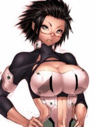 Rule 34 | 1girl, aki (pso2), black eyes, black hair, bodysuit, breasts, cleavage, fumio (rsqkr), glasses, hands on own hips, large breasts, navel, phantasy star, phantasy star online 2, red-framed eyewear, short hair, simple background, sketch, solo, spiked hair, tiger pierce, white background