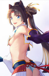 Rule 34 | 1girl, absurdres, armor, armpit crease, ass, asymmetrical sleeves, black hair, black hat, blue eyes, blue panties, breasts, chinese commentary, commentary request, fate/grand order, fate (series), from behind, hat, highres, japanese armor, kojo (0124), kusazuri, long hair, looking at viewer, md5 mismatch, mismatched sleeves, open mouth, panties, pom pom (clothes), resolution mismatch, revealing clothes, side ponytail, sideboob, small breasts, smile, solo, source larger, teeth, twisted torso, underwear, upper teeth only, ushiwakamaru (fate), very long hair