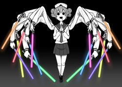 Rule 34 | 1girl, 4shi, beat saber, blood, blood on face, commentary request, dango-chan (4shi), double bun, extra arms, greyscale, hair between eyes, hair bun, highres, holding, holding lightsaber, kneehighs, lightsaber, long arms, long sleeves, monochrome, necktie, open mouth, original, palms together, school uniform, serafuku, shoes, short hair, skirt, socks, solo