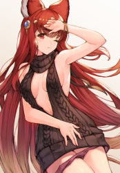 Rule 34 | 1girl, animal ears, anthuria, arm up, armpits, bad id, bad pixiv id, bangle, black sweater, blush, bracelet, breasts, cleavage, cleavage cutout, closed mouth, clothing cutout, cowboy shot, erune, gradient background, granblue fantasy, grey background, hair ornament, hand on forehead, highres, jewelry, koretsuki azuma, long hair, medium breasts, meme attire, one eye closed, panties, panty pull, pink panties, red eyes, red hair, sleeveless, sleeveless turtleneck, solo, sweater, turtleneck, underwear, very long hair, virgin killer sweater