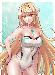 Rule 34 | 1girl, bare shoulders, blonde hair, breasts, chest jewel, cleavage, closed mouth, commentary request, covered navel, earrings, gem, hand on own hip, hazuki (nyorosuke), headpiece, highres, jewelry, long hair, looking at viewer, medium breasts, mythra (radiant beach) (xenoblade), mythra (xenoblade), official alternate costume, one-piece swimsuit, ribbed swimsuit, smile, solo, strapless, strapless one-piece swimsuit, striped clothes, striped one-piece swimsuit, swept bangs, swimsuit, tiara, vertical-striped clothes, vertical-striped one-piece swimsuit, very long hair, white one-piece swimsuit, xenoblade chronicles (series), xenoblade chronicles 2, yellow eyes
