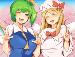 Rule 34 | 2girls, :d, ;d, ^ ^, blonde hair, bow, bowtie, breasts, cherry blossoms, closed eyes, daiyousei, double v, closed eyes, fairy wings, green eyes, green hair, hekiga (freelot), highres, large breasts, lily white, long hair, looking at viewer, medium breasts, multiple girls, one eye closed, open mouth, red bow, red neckwear, short hair, side ponytail, smile, touhou, upper body, v, wings