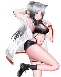 Rule 34 | 1girl, absurdres, animal ears, arknights, arm up, armpits, bare legs, bare shoulders, black footwear, black scarf, black shorts, breasts, cat ears, cleavage, commentary, crop top, highres, jacket, kafu (kafu6416), large breasts, long hair, long sleeves, looking at viewer, midriff, navel, open clothes, open jacket, ponytail, scarf, schwarz (arknights), see-through, shoes, short shorts, shorts, silver hair, simple background, smile, solo, standing, standing on one leg, stomach, thigh strap, thighs, very long hair, white background, yellow eyes