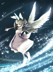 Rule 34 | 00s, 1girl, alternate form, ankoro ukiuki, blonde hair, bow, eiko carol, final fantasy, final fantasy ix, floating, glowing, green eyes, hair bow, highres, horns, looking at viewer, outstretched arms, short hair, single horn, solo, staff, trance eiko carol, wings