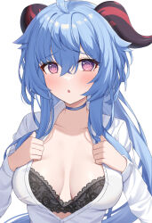 Rule 34 | 1girl, @ @, ahoge, blue hair, blush, bra, breasts, choker, cleavage, collared shirt, ganyu (genshin impact), genshin impact, goat horns, highres, horns, lace, lace-trimmed bra, lace trim, large breasts, long hair, long sleeves, looking at viewer, nyuu (pixiv12143565), partially unbuttoned, purple eyes, shirt, sidelocks, solo, underwear