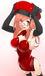 Rule 34 | 1girl, bare shoulders, china dress, chinese clothes, cleavage cutout, clothing cutout, dress, elbow gloves, glasses, gloves, hat, kochiya (gothope), phantasy star, phantasy star online 2, pointy ears, red eyes, red hair, solo, thighhighs, transparent background