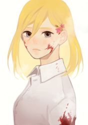 Rule 34 | 1girl, bad id, bad pixiv id, blonde hair, blood, blood on face, blood on clothes, blue eyes, krista lenz, flower, hair between eyes, hair flower, hair ornament, looking at viewer, shingeki no kyojin, shirt, short hair, solo, upper body, white shirt, yoonmi