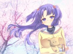 Rule 34 | 1girl, arm under breasts, blue hair, blurry, blurry background, blush, cherry blossoms, clannad, closed mouth, commentary request, day, floating hair, hair bobbles, hair ornament, highres, hikarizaka private high school uniform, holding, holding stuffed toy, ichinose kotomi, jacket, long hair, long sleeves, looking at viewer, outdoors, parted bangs, purple eyes, sailor collar, school uniform, smile, solo, stuffed animal, stuffed toy, teddy bear, twitter username, two side up, upper body, white sailor collar, wind, wind lift, yaki-ayato, yellow jacket