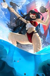 Rule 34 | 1girl, armpits, artist logo, bare legs, bare shoulders, barefoot, beidou (genshin impact), bikini, bird, black hair, blue sky, breasts, cloud, colored eyepatch, cup, eyepatch, food, from below, full body, genshin impact, hair over one eye, highres, holding, holding cup, holding food, long hair, looking at viewer, looking down, medium breasts, mole, navel, nikusenpai, one eye covered, open mouth, outdoors, paimon (genshin impact), partially submerged, partially underwater shot, popsicle, red bikini, red eyes, scar, scar on chest, scar on leg, scar on stomach, see-through, ship, shirt, sky, solo, sparkle, splashing, standing, sunlight, swimsuit, tied shirt, underwater, wading, water, watercraft, white shirt