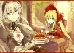Rule 34 | 00s, 2girls, bad id, bad pixiv id, blonde hair, blue eyes, bonnet, cake, chocolate, cup, doll joints, food, fruit, hairband, heart-shaped food, joints, long hair, loo, meme, multiple girls, pastry, red eyes, rozen maiden, shinku, silver hair, suigintou, tea, teacup, tray, valentine