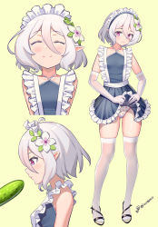 Rule 34 | 1girl, ^ ^, absurdres, alternate costume, antenna hair, black footwear, blue dress, breasts, closed eyes, clothes lift, collarbone, cucumber, dress, dress lift, elbow gloves, elf, enmaided, facing viewer, flower, frilled dress, frills, full body, gloves, gluteal fold, hair between eyes, hair flower, hair ornament, high heels, highres, kokkoro (princess connect!), lifting own clothes, maid, maid headdress, multiple views, panties, pointy ears, polka dot, polka dot panties, princess connect!, profile, short hair, signature, silver hair, simple background, sleeveless, sleeveless dress, small breasts, standing, thighhighs, underwear, weibo watermark, white flower, white gloves, white thighhighs, xiaoxi0619, yellow background