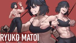 Rule 34 | abs, angry, ass, back, black hair, blue eyes, breasts, character name, exercising, highres, large breasts, matoi ryuuko, multicolored hair, multiple persona, muscular, muscular female, pants, red background, red hair, selfie, simple background, smile, sports bra, teeth, watch, yoga pants, zukululuu