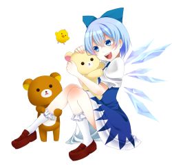Rule 34 | 1girl, blue eyes, blue hair, blush, bow, cirno, hair bow, highres, hug, hyou haku, ice, ice wings, loafers, matching hair/eyes, open mouth, relax kuma, shoes, short hair, sitting, solo, touhou, white background, wings