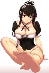 Rule 34 | 1girl, :q, barefoot, black eyes, black hair, blush, breasts, cleavage, corset, feet, foot focus, gloves, hareno chiame, large breasts, bridal garter, long hair, looking at viewer, maid, maid headdress, original, panties, pinstripe pattern, side-tie panties, soles, solo, striped, toes, tongue, tongue out, underwear, white gloves, white panties