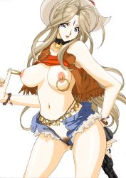 Rule 34 | 1girl, aa megami-sama, belldandy, blue eyes, breasts, breasts out, brown hair, clothes lift, cowboy shot, female pubic hair, hat, highres, joy division, long hair, looking at viewer, medium breasts, navel, nipple piercing, nipple rings, nipples, no bra, parted lips, piercing, piercing pull, pubic hair, shirt lift, short shorts, shorts, simple background, smile, solo, standing, very long hair, white background