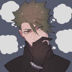Rule 34 | 1boy, achilles (fate), black dress, black shirt, blank speech bubble, brown eyes, closed mouth, cropped shoulders, dress, fate/apocrypha, fate (series), grey background, hair between eyes, hand on own chin, haruakira, highres, looking to the side, male focus, shirt, short hair, solo, speech bubble, thinking, thought bubble, turtleneck, turtleneck shirt, undercut