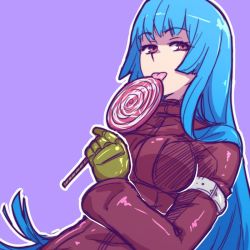 Rule 34 | 1girl, akairiot, blue eyes, candy, gloves, kula diamond, lollipop, long hair, looking at viewer, purple background, red eyes, solo, the king of fighters, the king of fighters xiv