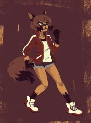 Rule 34 | 1girl, animal ears, blue shorts, brand new animal, commentary, english commentary, full body, furry, furry female, highres, jacket, kagemori michiru, limited palette, looking afar, open mouth, raccoon ears, raccoon girl, raccoon tail, red jacket, shirt, shoes, short hair, shorts, sneakers, solo, tail, weird--fish, white footwear, white shirt