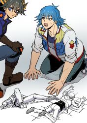 Rule 34 | 2boys, absurdres, black hair, blue eyes, blue hair, blue jacket, blue pants, boots, brown footwear, brown gloves, bruno (yu-gi-oh!), facial mark, facial tattoo, floor, fudo yusei, gloves, hand on own knee, hands on floor, high collar, highres, jacket, knee pads, kneeling, looking back, looking to the side, lying, male focus, marking on cheek, multicolored hair, multiple boys, multiple views, on back, on floor, on stomach, open clothes, open jacket, open mouth, pants, parted lips, partially colored, pocket, purple eyes, shirt, shoes, short hair, sleeves rolled up, sneakers, spiked hair, streaked hair, sweatdrop, tattoo, tripping, white footwear, white jacket, worried, youko-shima, yu-gi-oh!, yu-gi-oh! 5d&#039;s