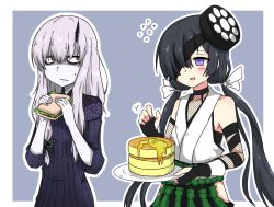 Rule 34 | 2girls, albino, bare shoulders, black bow, black dress, black gloves, blush, bow, commentary request, dress, eyepatch, fate/grand order, fate (series), fingerless gloves, food, gloves, hair bow, hair over one eye, holding, holding food, holding plate, horns, lavinia whateley (fate), looking at another, low twintails, mekakuri (otacon250), mochizuki chiyome (fate), multiple girls, open mouth, pale skin, pancake, plate, polka dot, polka dot bow, purple eyes, red eyes, ribbed dress, sandwich, shaded face, single horn, twintails, white bow, white hair