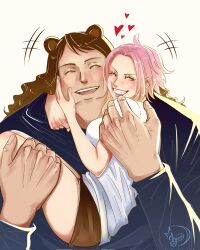 Rule 34 | +++, 1boy, 1girl, ^ ^, anyumii136, bartholomew kuma, blush, brown hair, brown shorts, carrying, carrying person, closed eyes, commentary, couple, ginny (one piece), heart, highres, hug, long hair, one piece, pink hair, shirt, short hair, short sleeves, shorts, sidelocks, signature, simple background, smile, wavy hair, white shirt