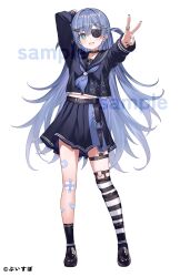 Rule 34 | 1girl, aqua eyes, arms behind head, asymmetrical legwear, bandaid, bandaid on leg, belt, black belt, black choker, black footwear, black sailor collar, black shirt, black skirt, black socks, blue hair, blue neckerchief, choker, eyepatch, full body, hair between eyes, hair ornament, highres, kneehighs, kurebayashi noe, loafers, long hair, long sleeves, looking at viewer, mismatched legwear, neckerchief, official art, open mouth, over-kneehighs, sailor collar, sample watermark, shirt, shoes, simple background, skirt, smile, socks, solo, standing, striped clothes, striped thighhighs, thigh strap, thighhighs, uneven legwear, v, virtual youtuber, vspo!, watermark, white background, yano kuromu