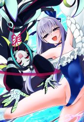 Rule 34 | 1boy, 1girl, absurdly long hair, black pants, blue choker, blue one-piece swimsuit, blue ribbon, breasts, chinese clothes, choker, eyeshadow, fate/grand order, fate (series), frilled one-piece swimsuit, frilled swimsuit, frills, highleg, highleg swimsuit, highres, hisame genta, long hair, makeup, meltryllis, meltryllis (fate), meltryllis (swimsuit lancer) (fate), meltryllis (swimsuit lancer) (second ascension) (fate), off-shoulder one-piece swimsuit, off shoulder, one-piece swimsuit, open mouth, pale skin, pants, purple eyes, purple hair, red eyeshadow, ribbon, sleeves past fingers, sleeves past wrists, small breasts, strapless, strapless one-piece swimsuit, swimsuit, taisui xingjun (fate), very long hair