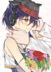 Rule 34 | 10s, 1girl, absurdres, asymmetrical hair, black hair, bouquet, brown eyes, flower, hair between eyes, hand on another&#039;s face, hat, headphones, highres, hoshimiya nazuna, i-13 (kancolle), kantai collection, sailor collar, school swimsuit, short hair, simple background, smile, solo, solo focus, swimsuit, upper body, white background
