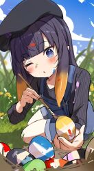 Rule 34 | 1girl, blue eyes, blue sky, blunt bangs, cloud, commentary, easter, easter egg, egg, english commentary, flower, gradient hair, grass, hat, highres, hololive, hololive english, long hair, mole, mole under eye, multicolored hair, nest, ninomae ina&#039;nis, ninomae ina&#039;nis (casual), one eye closed, orange hair, orobou, outdoors, paint splatter, paintbrush, painting (action), pointy ears, purple hair, shorts, sidelocks, sky, solo, suspenders, tall grass, tentacle hair, tentacles, very long hair, virtual youtuber