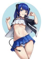 Rule 34 | 1girl, ajidot, arknights, black jacket, blue eyes, blue hair, blue nails, blue skirt, circle, commentary request, cowboy shot, crop top, grin, groin, halo, hands up, highres, horns, jacket, long hair, looking at viewer, microskirt, midriff, mostima (arknights), nail polish, navel, open clothes, open jacket, panties, short sleeves, skirt, smile, solo, standing, stomach, thighs, underwear, v, white background, white panties
