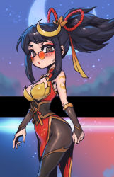 Rule 34 | 1girl, bare shoulders, black eyes, blush, breasts, brown gloves, character request, check character, china dress, chinese clothes, cleavage, commentary, cowboy shot, crescent, crescent hair ornament, crescent moon, dress, fingerless gloves, firecracker vayne, from side, glasses, gloves, hair ornament, league of legends, long hair, looking at viewer, medium breasts, moon, pantyhose, phantom ix row, ponytail, red dress, rope, shiny clothes, sweatdrop, symbol-only commentary, vayne (league of legends)