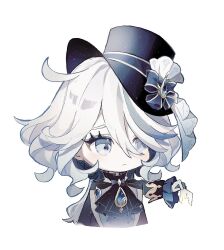 Rule 34 | 1girl, ahoge, ascot, black ascot, black jacket, blue bow, blue eyes, blue gemstone, blue hair, blue hat, bow, chibi, frilled sleeves, frills, furina (genshin impact), gem, genshin impact, hat, hat bow, highres, holding, holding paper, jacket, long sleeves, medium hair, mi505521, multicolored hair, paper, simple background, solo, streaked hair, top hat, upper body, wavy hair, white background, white hair