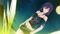 Rule 34 | 10s, 1girl, akinashi yuu, ao no kanata no four rhythm, belt, black shorts, breasts, collarbone, cross, cross necklace, flying, game cg, hand in pocket, jewelry, kagami aoi, large breasts, legs, long hair, looking at viewer, midriff, moon, mountain, navel, necklace, night, ocean, outdoors, purple hair, short hair, short shorts, shorts, sky, smile, solo, sprite (company), star (sky), star (symbol), starry sky, suzumori, thighs, water, yellow eyes