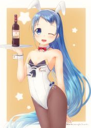 Rule 34 | 1girl, adapted costume, animal ears, blue eyes, blue hair, bottle, bow, bowtie, breasts, brown pantyhose, cowboy shot, detached collar, fake animal ears, fishnet pantyhose, fishnets, forehead, gradient hair, kantai collection, leotard, long hair, looking at viewer, mae (maesanpicture), multicolored hair, one eye closed, open mouth, pantyhose, playboy bunny, rabbit ears, red bow, red bowtie, samidare (kancolle), small breasts, smile, solo, standing, star (symbol), starry background, strapless, strapless leotard, swept bangs, tray, very long hair, white leotard, wine bottle, wink, wrist cuffs, yellow background