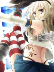 Rule 34 | 10s, 1girl, bad id, bad pixiv id, blonde hair, elbow gloves, gloves, hair ornament, kantai collection, long hair, looking at viewer, panties, personification, shimakaze (kancolle), skirt, socks, solo, striped clothes, striped socks, striped thighhighs, tattoo, thighhighs, translated, underwear, vivi-t (akagami), vivi (akagami)