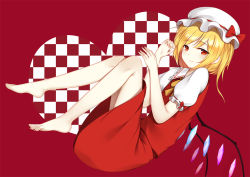 Rule 34 | 1girl, barefoot, blonde hair, commentary, feet, flan (seeyouflan), flandre scarlet, frown, full body, highres, knees to chest, looking at viewer, puffy short sleeves, puffy sleeves, red background, red eyes, red shirt, red skirt, shirt, short sleeves, simple background, skirt, skirt set, solo, toes, touhou