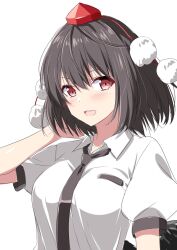 1girl :d arm_behind_head black_hair black_necktie breasts collared_shirt commentary hand_up hat highres large_breasts looking_at_viewer necktie open_mouth pom_pom_(clothes) puffy_short_sleeves puffy_sleeves red_eyes red_hat rise_(rise19851203) shameimaru_aya shirt short_hair short_sleeves simple_background smile solo teeth tokin_hat touhou upper_body upper_teeth_only white_background white_shirt