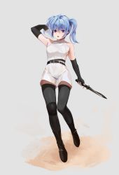 Rule 34 | 1girl, absurdres, ahoge, arm up, armpit peek, bare shoulders, belt, black gloves, black thighhighs, blue eyes, blue hair, boots, breasts, elbow gloves, fang, fingerless gloves, full body, glaring, glint, gloves, grey background, hair between eyes, highres, holding, holding knife, knife, llttyyyuu, long hair, looking at viewer, open mouth, original, simple background, skin fang, small breasts, solo, standing, standing on one leg, symbol-only commentary, thighhighs, twintails, v-shaped eyebrows, white romper