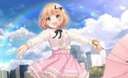 Rule 34 | 1girl, black bow, blonde hair, blouse, blue eyes, blunt bangs, bow, bowtie, center frills, cityscape, cloud, collared shirt, cowboy shot, day, frilled skirt, frills, hair bow, indie virtual youtuber, lace sleeves, long sleeves, open mouth, original, outdoors, pink skirt, rainbow, shiromikan, shirt, short hair, skirt, sky, solo, umbrella, virtual youtuber, water drop, white shirt