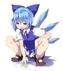 Rule 34 | 1girl, bad id, bad twitter id, blue dress, blue hair, child&#039;s drawing, cirno, crayon, daiyousei, drawing, dress, full body, hair ribbon, hasebe yuusaku, ice, ice wings, looking down, mary janes, open mouth, ribbon, shoes, short hair, short sleeves, simple background, smile, solo, squatting, touhou, white background, wings