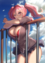 Rule 34 | 1girl, against railing, azur lane, between breasts, bird, black skirt, blue sky, blush, bra, breasts, bremerton (azur lane), cardigan, cleavage, closed mouth, cloud, commentary request, cowboy shot, day, floating hair, grey cardigan, grey hair, hair between eyes, hair intakes, hair tie, large breasts, against railing, long hair, looking at viewer, maku ro, miniskirt, mole, mole under eye, multicolored hair, nail polish, official alternate costume, outdoors, partially unbuttoned, pink bra, pink eyes, pink hair, pink nails, pleated skirt, railing, shirt, sidelocks, skirt, sky, sleeves rolled up, smile, solo, standing, streaked hair, twintails, two-tone hair, underwear, white shirt, wind, wind lift