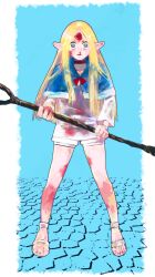 Rule 34 | 1girl, blonde hair, blood, blood on clothes, blood on face, blue capelet, capelet, choker, dungeon meshi, elf, elftoissho, fighting stance, full body, grey eyes, hair down, highres, holding, holding staff, hood, hood down, hooded capelet, injury, legs apart, long hair, long sleeves, looking at viewer, marcille donato, nosebleed, official alternate costume, outside border, parted bangs, parted lips, pavement, pointy ears, sandals, shorts, sleepwear, solo, staff, standing, straight hair, tearing up, white shorts, wide-eyed