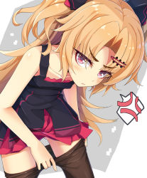 Rule 34 | 1girl, akatsuki uni, anger vein, bare arms, bare shoulders, black dress, blonde hair, blush, brown pantyhose, closed mouth, clothes pull, collarbone, dress, grey background, hair ornament, hairclip, long hair, looking at viewer, ogami kazuki, pantyhose, pantyhose pull, parted bangs, red eyes, sleeveless, sleeveless dress, solo, spoken anger vein, sweat, two-tone background, two side up, uni create, v-shaped eyebrows, very long hair, virtual youtuber, white background
