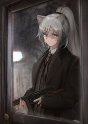 Rule 34 | 1girl, absurdres, alternate costume, animal ears, arknights, black jacket, black vest, blood, blood on face, blood splatter, cat ears, cjmy, closed mouth, collared shirt, commentary request, female focus, finger on trigger, grey hair, grey nails, gun, highres, holding, holding gun, holding weapon, jacket, jewelry, long hair, looking at viewer, monocle, nail polish, necktie, ponytail, ring, schwarz (arknights), shirt, solo, standing, striped necktie, striped neckwear, submachine gun, thompson submachine gun, vest, weapon, window, yellow eyes