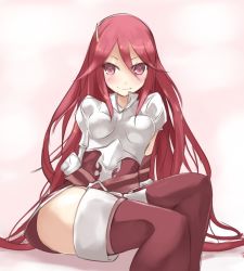 Rule 34 | 1girl, armor, belt, blush, cordelia (fire emblem), fire emblem, fire emblem awakening, kuro (be ok), long hair, nintendo, red eyes, red hair, sitting, smile, solo, thick thighs, thighhighs, thighs, very long hair, zettai ryouiki