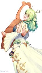 Rule 34 | absurdres, antlers, branch, breasts, cardboard cutout, ceres fauna, dress, green flower, green hair, hair between eyes, highres, hololive, hololive english, horns, large breasts, long hair, long sleeves, looking at viewer, mokuka noe, open mouth, shirt, smile, standing, teeth, tongue, upper teeth only, virtual youtuber, white background, yellow eyes